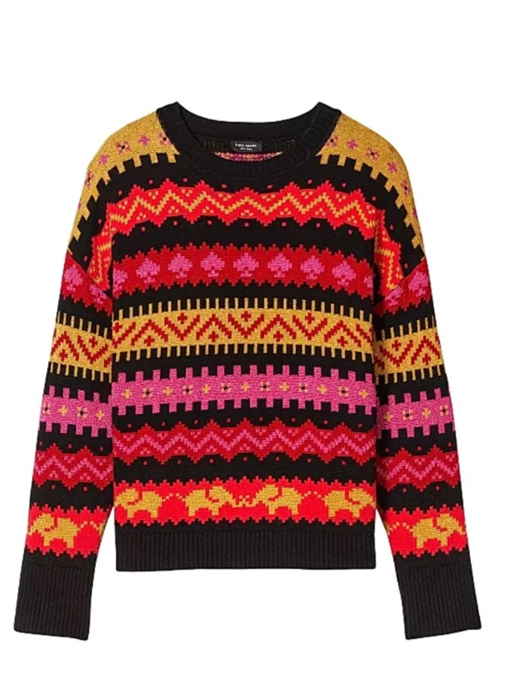 kate spade Black Crewneck Sweater with Pink, Red & Gold Fair Isle